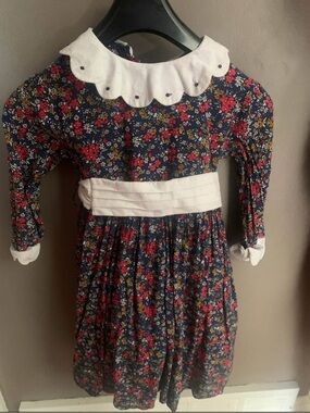 Girls' Navy Floral Formal Dress with White Collar and Sash